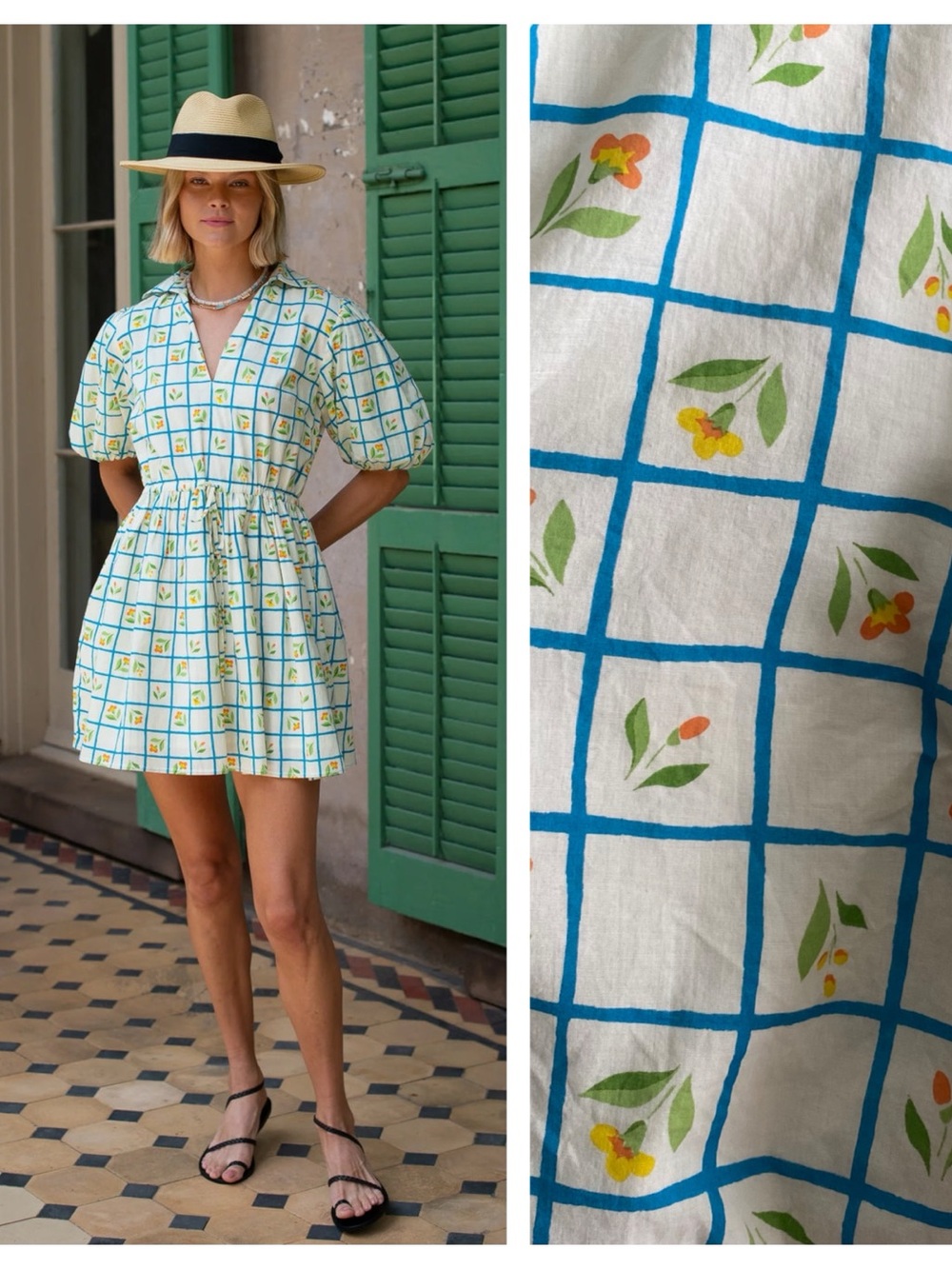 Olivia James Mini Dress Cream Blue Green Trellis Floral Print Medium